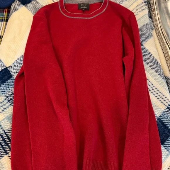 ✨ Qi Cashmere Pure Cashmere Sweater – Red with Gray Trim – Size S – MSRP $250